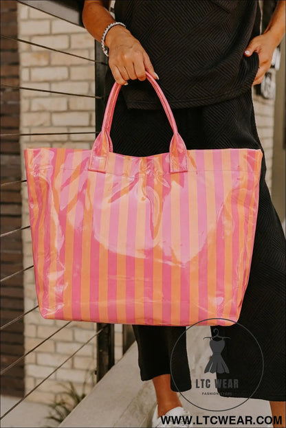 Color black glossy striped vinyl large tote bag - shoes & bags/handbags