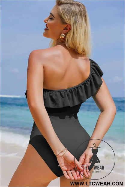 Color Black Solid Color Ruffle Trim Asymmetric Neck One Piece Swimsuit