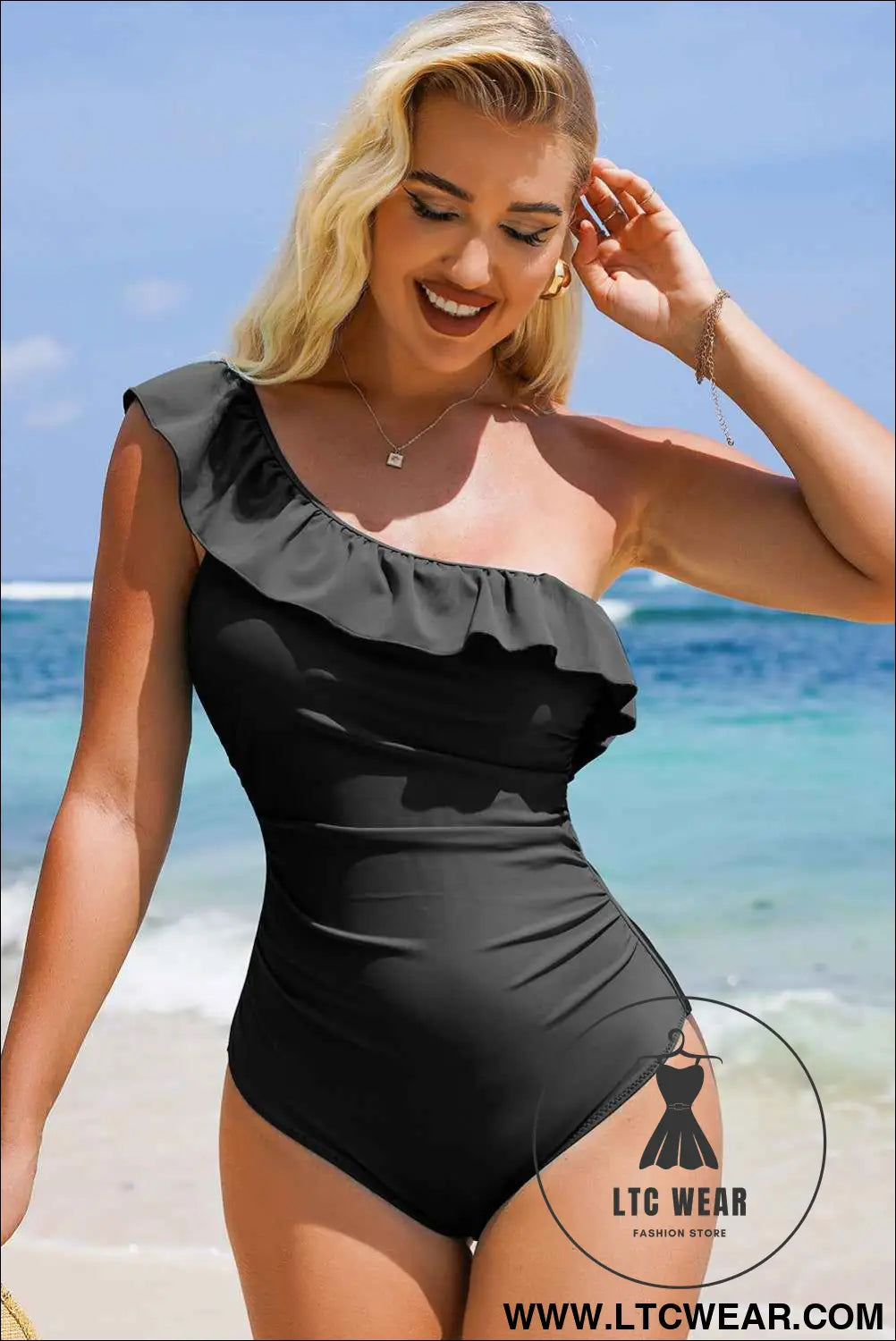 Color Black Solid Color Ruffle Trim Asymmetric Neck One Piece Swimsuit