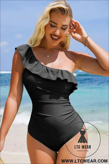 Color Black Solid Color Ruffle Trim Asymmetric Neck One Piece Swimsuit