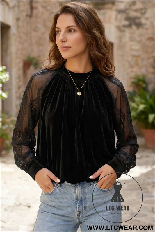 Color Black Solid Color Sheer Lace Long Sleeve Patchwork Stand Neck Velvet Blouse