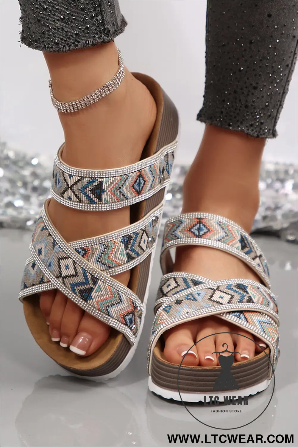 Color black Tribal Geometric Rhinestone Embellished Strappy Hollowed Platform Slippers - L.T.C Wear Online Fashion Store