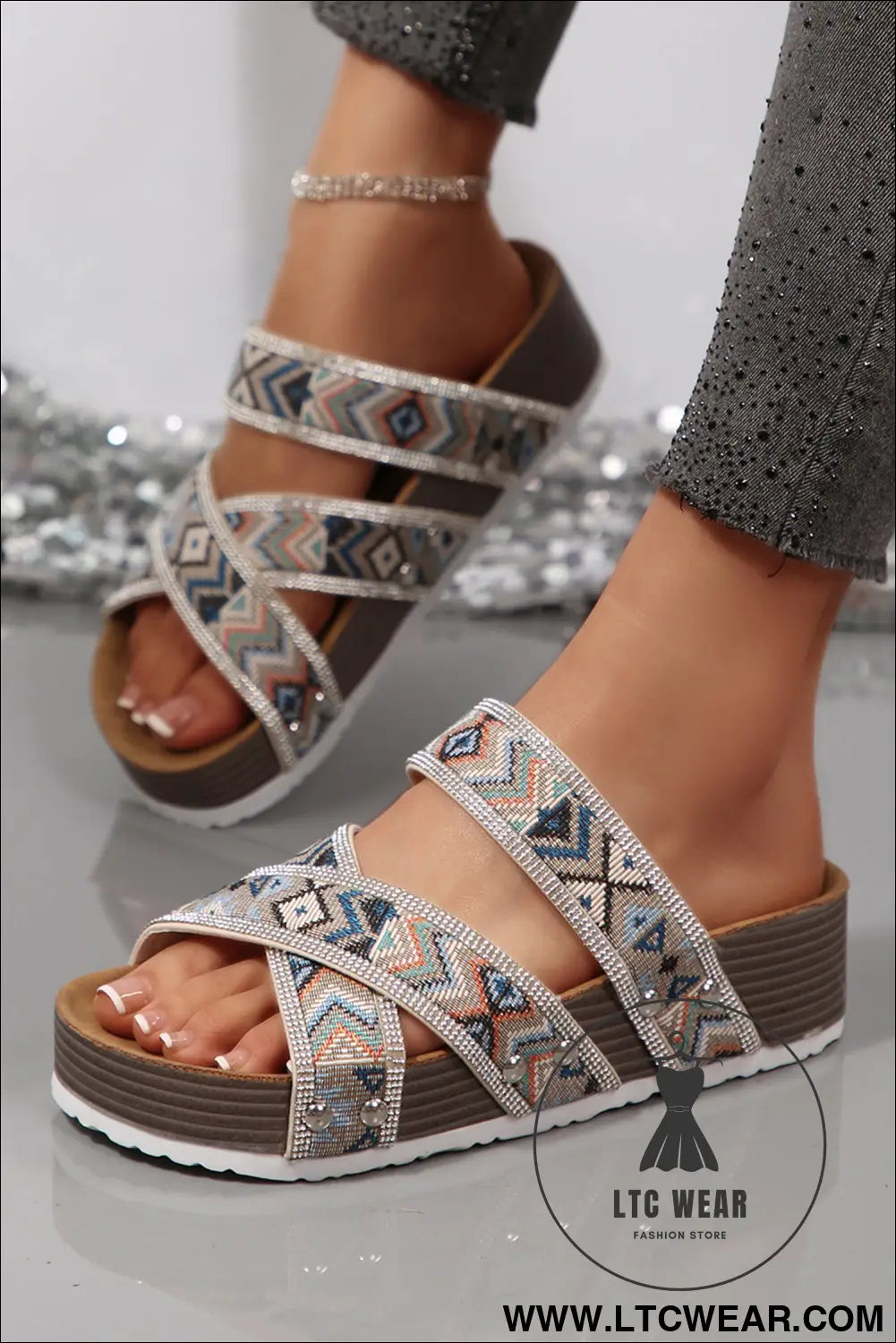 Color black Tribal Geometric Rhinestone Embellished Strappy Hollowed Platform Slippers - L.T.C Wear Online Fashion Store