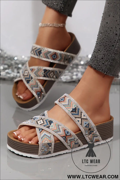 Color black Tribal Geometric Rhinestone Embellished Strappy Hollowed Platform Slippers - L.T.C Wear Online Fashion Store