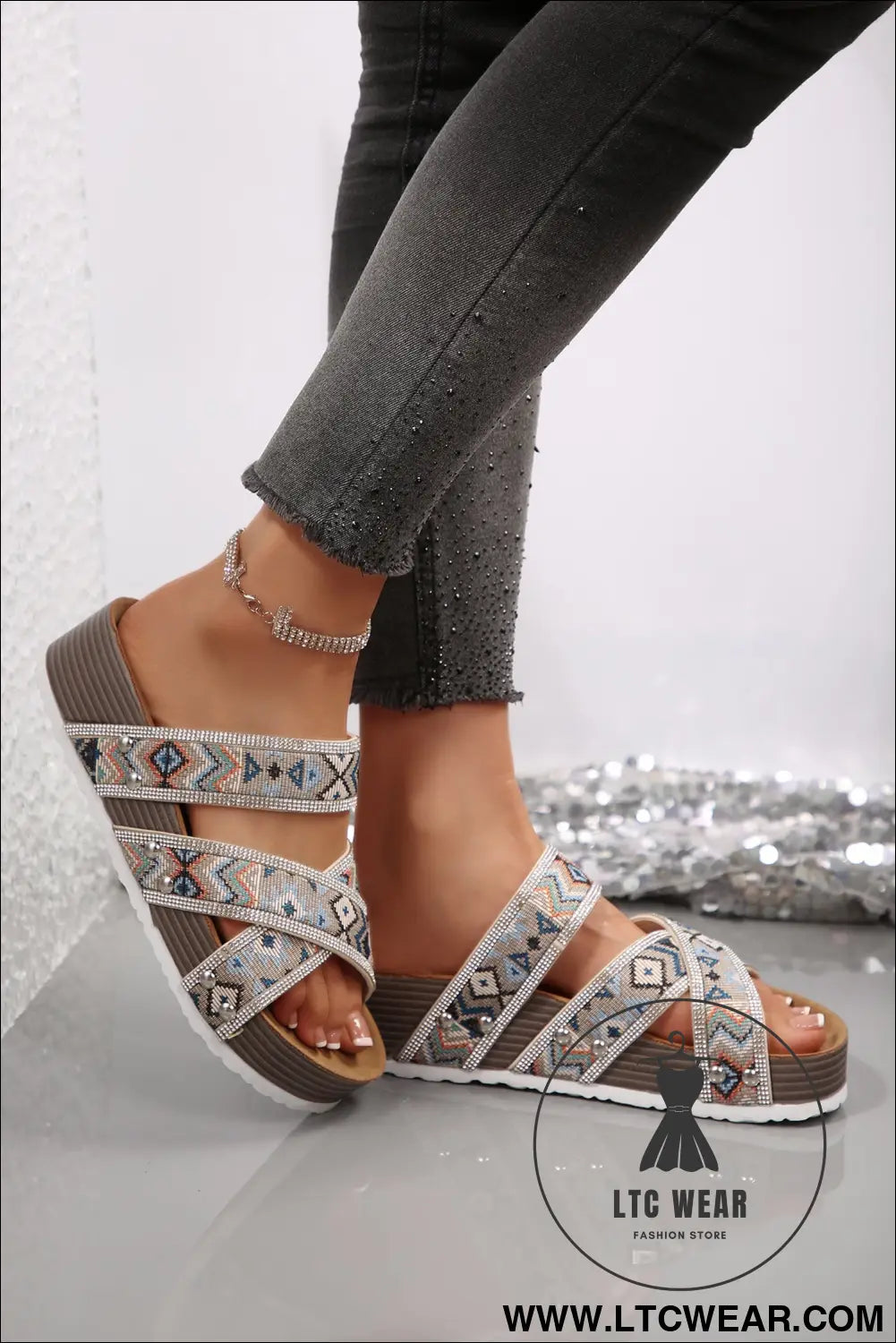 Color black Tribal Geometric Rhinestone Embellished Strappy Hollowed Platform Slippers - L.T.C Wear Online Fashion Store