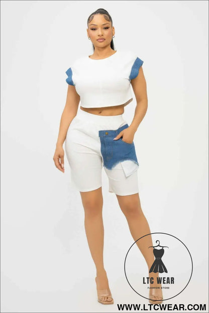 Color Block Denim Sleeve Top And Biker Shorts Set