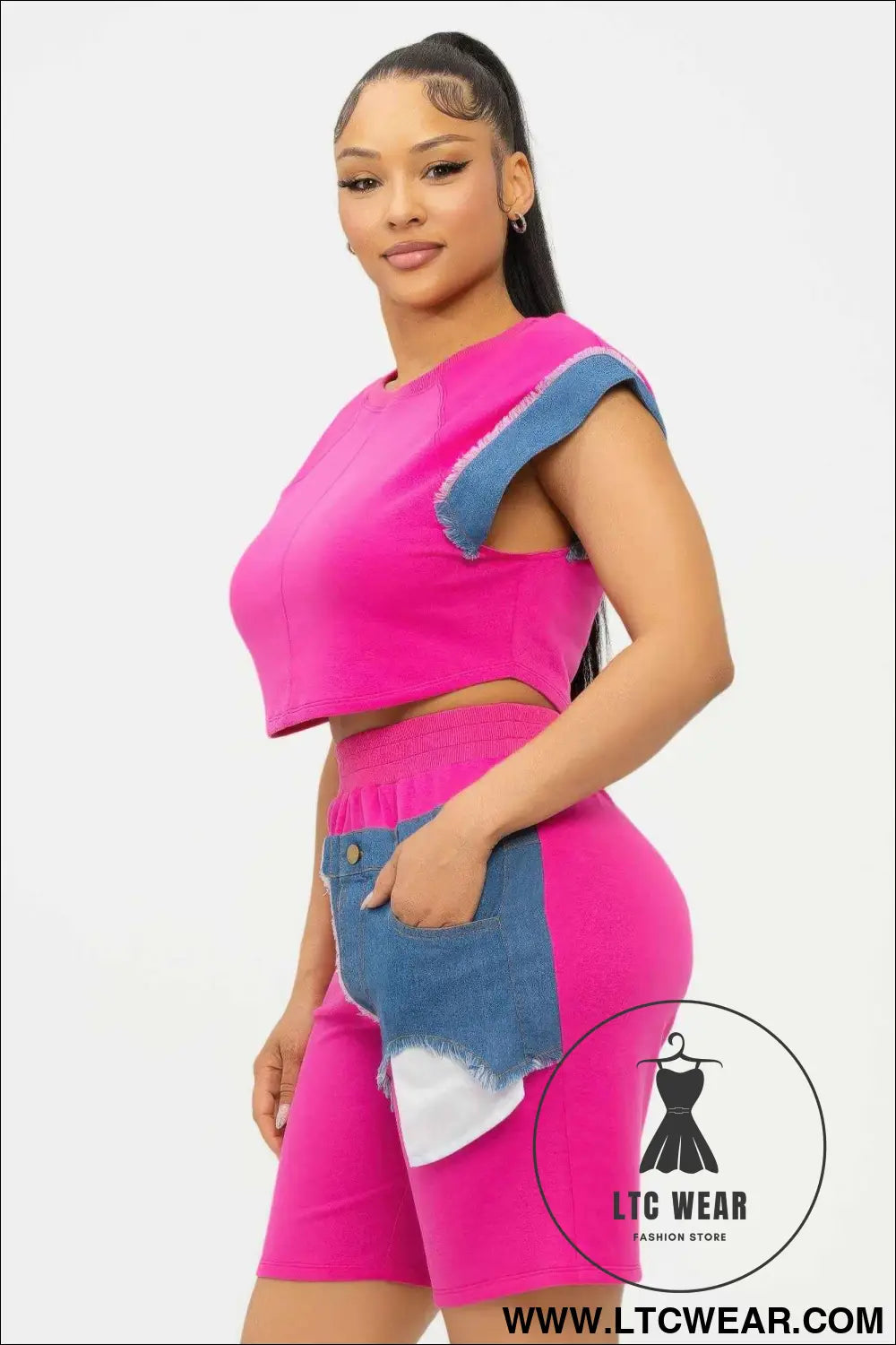 Color Block Denim Sleeve Top And Biker Shorts Set