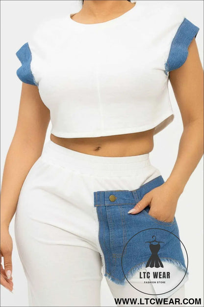 Color Block Denim Sleeve Top And Biker Shorts Set