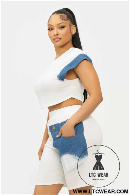 Color Block Denim Sleeve Top And Biker Shorts Set