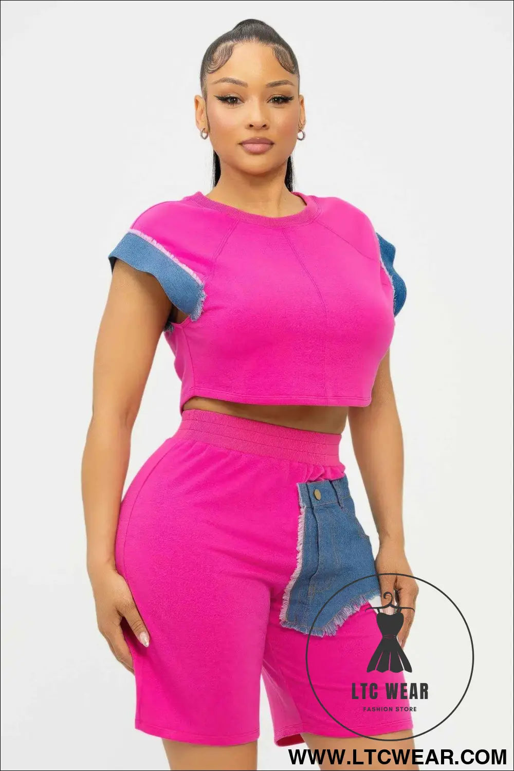 Color Block Denim Sleeve Top And Biker Shorts Set