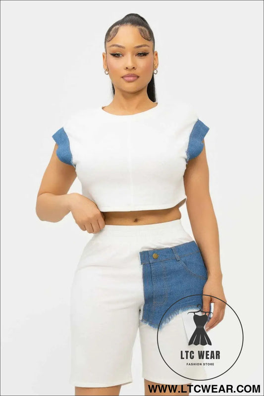 Color Block Denim Sleeve Top And Biker Shorts Set