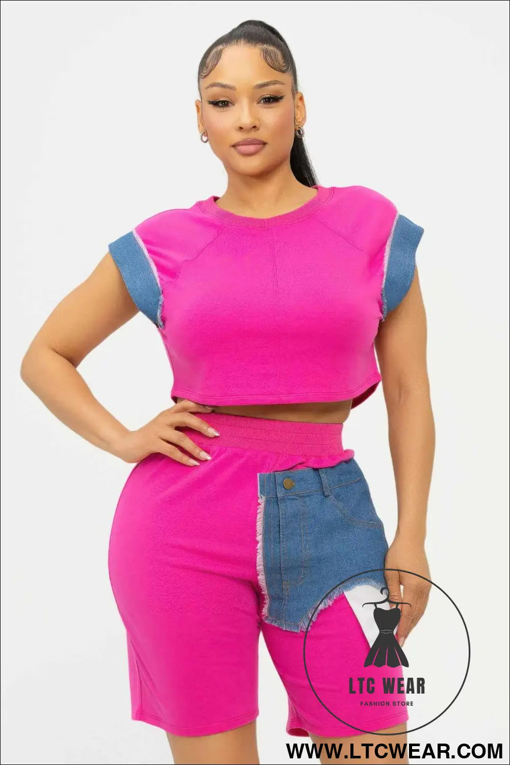 Color Block Denim Sleeve Top And Biker Shorts Set