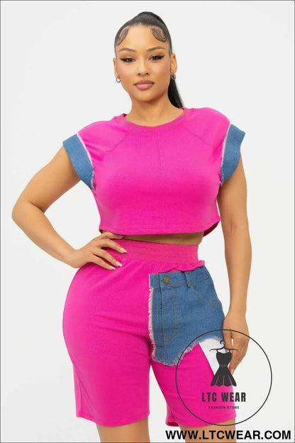 Color Block Denim Sleeve Top And Biker Shorts Set