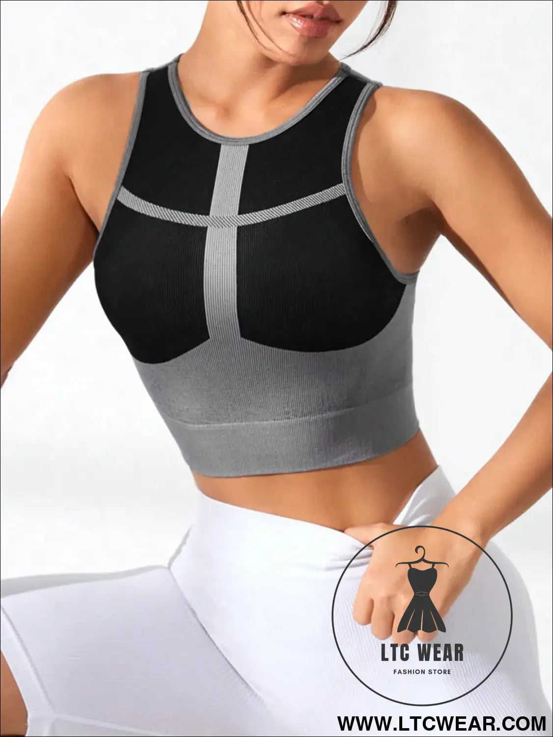 Color block round neck active tank top - black / s
