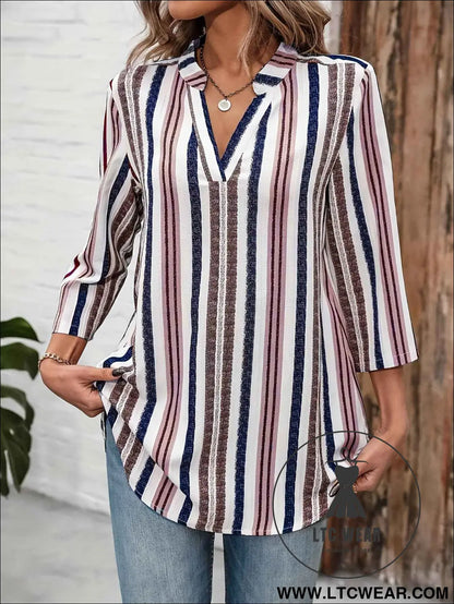Color Block Striped Notch Collar 78 Sleeve Top