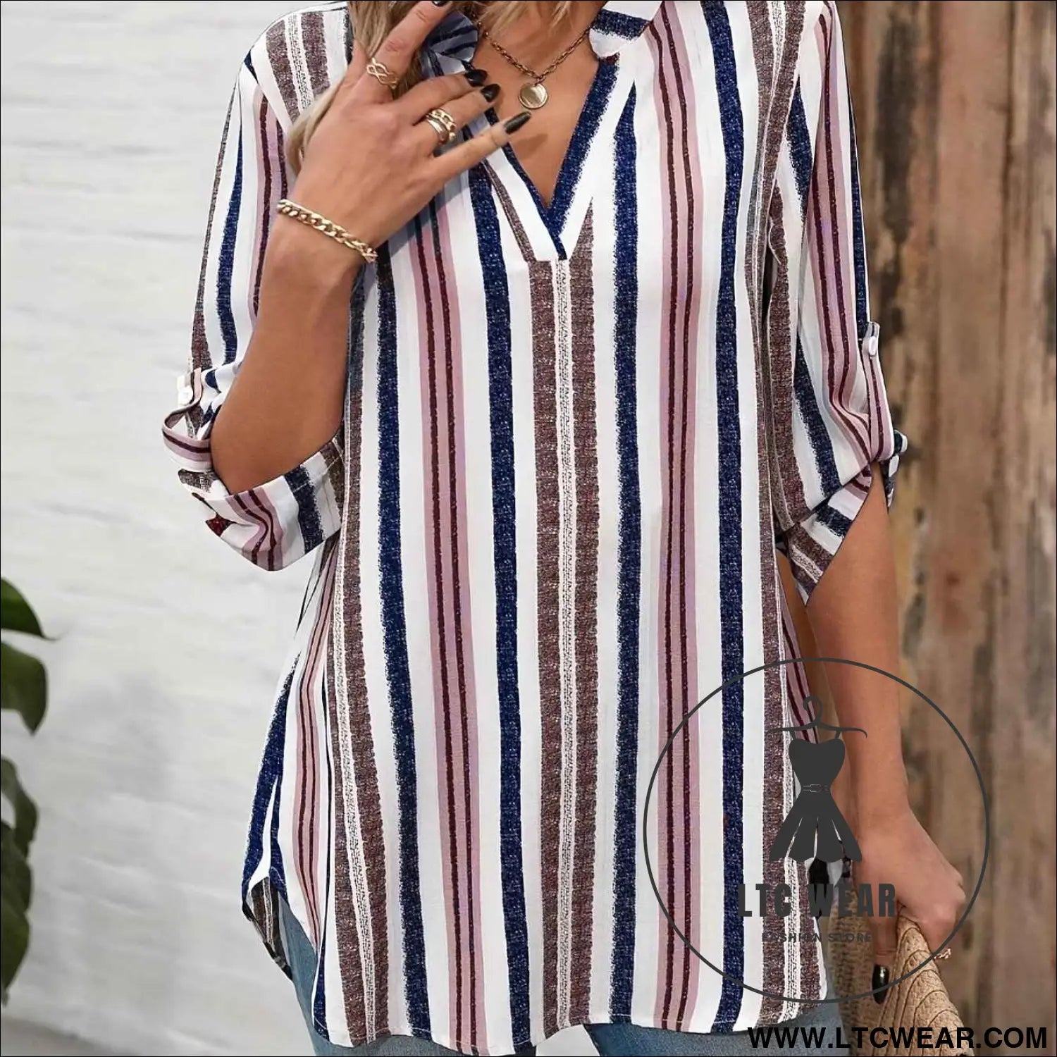 Color Block Striped Notch Collar 78 Sleeve Top