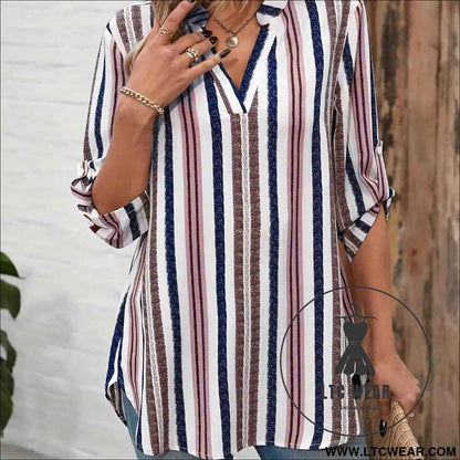 Color Block Striped Notch Collar 78 Sleeve Top