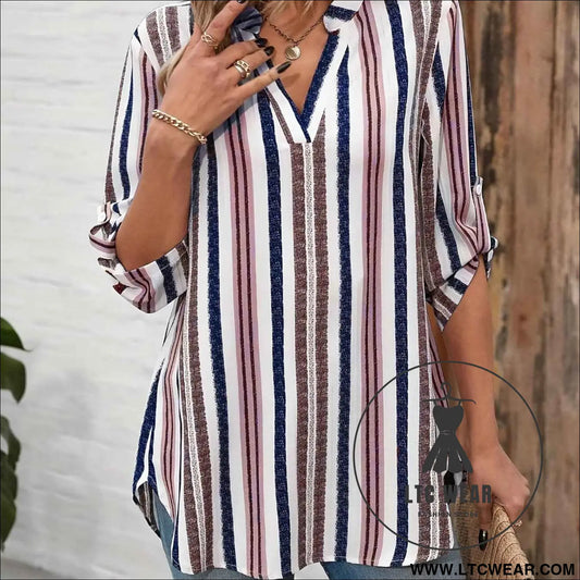 Color Block Striped Notch Collar 78 Sleeve Top