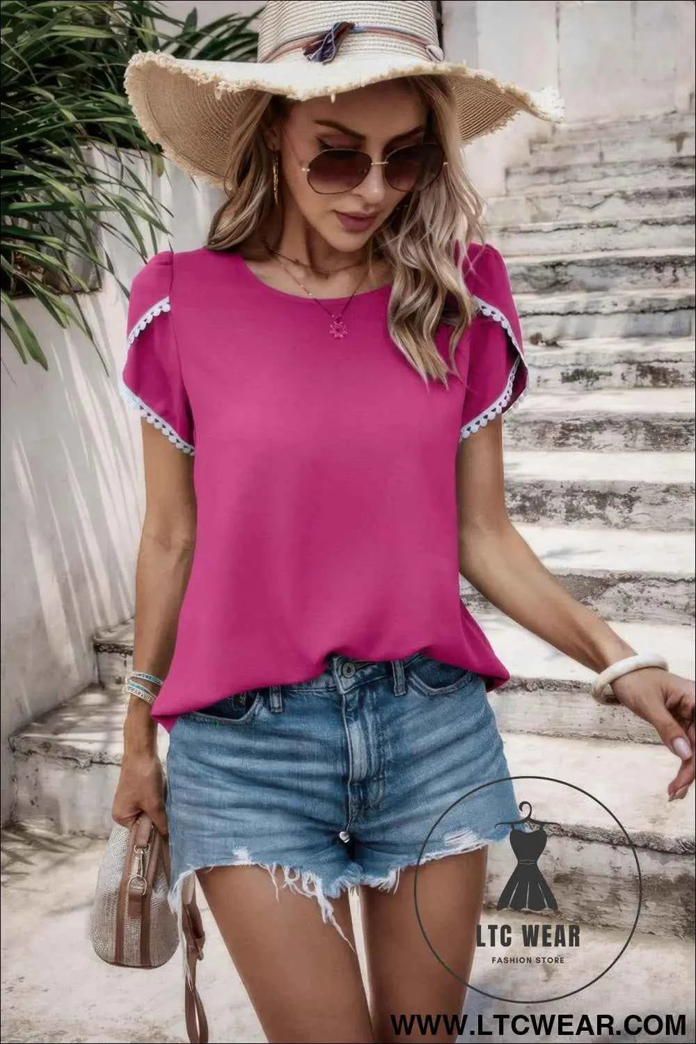 Color Block Trim Flutter Sleeve Round Neck Top