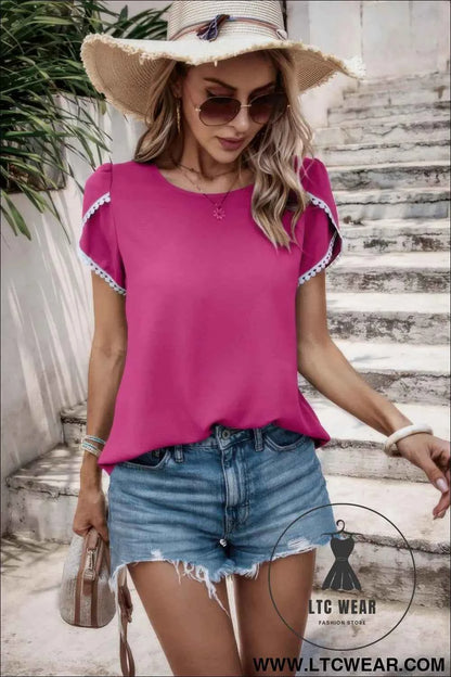 Color Block Trim Flutter Sleeve Round Neck Top