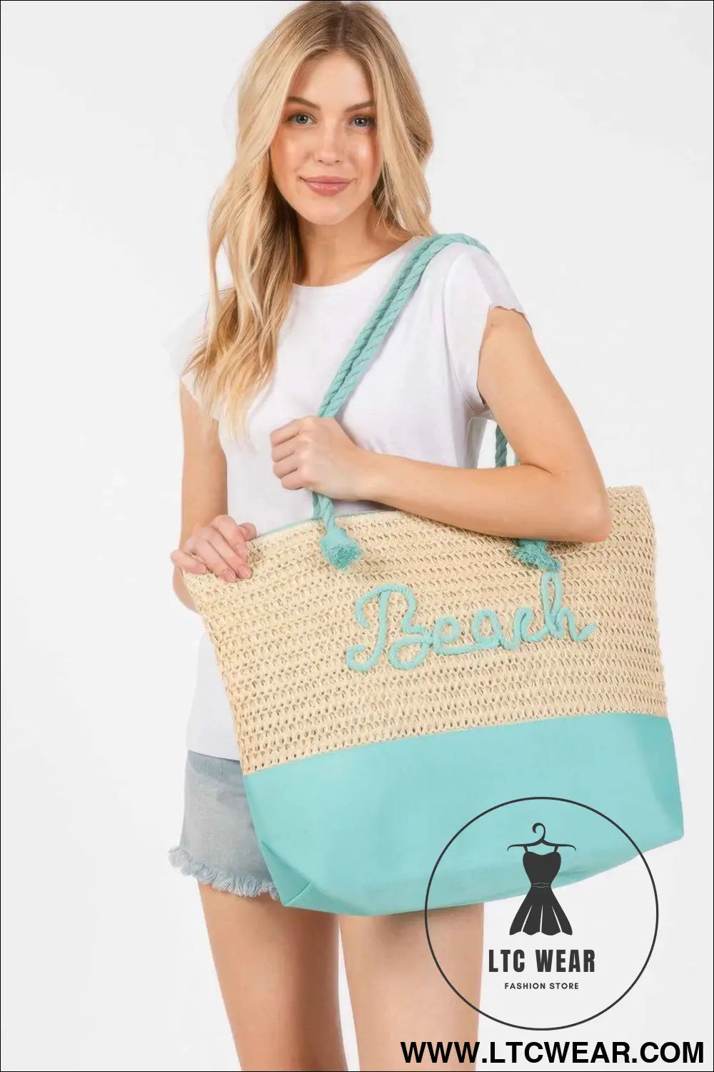 Color Sewn Rope Beach Letter And Strap Crochet Fabric Tote