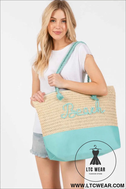 Color Sewn Rope Beach Letter And Strap Crochet Fabric Tote