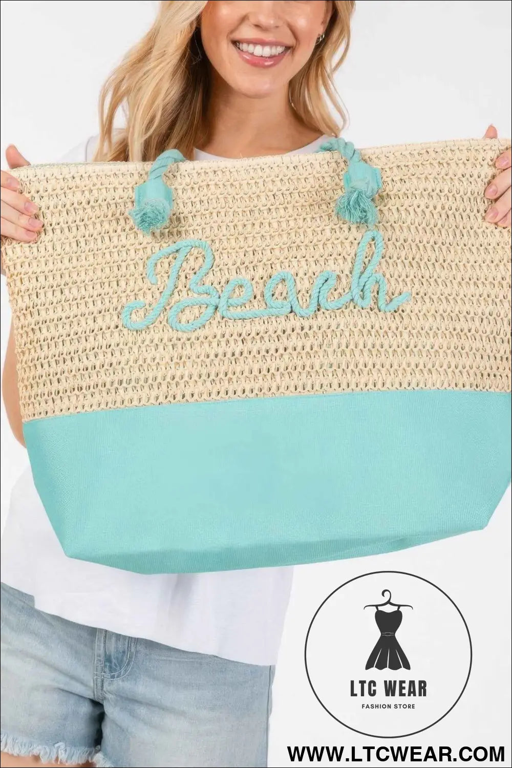 Color Sewn Rope Beach Letter And Strap Crochet Fabric Tote