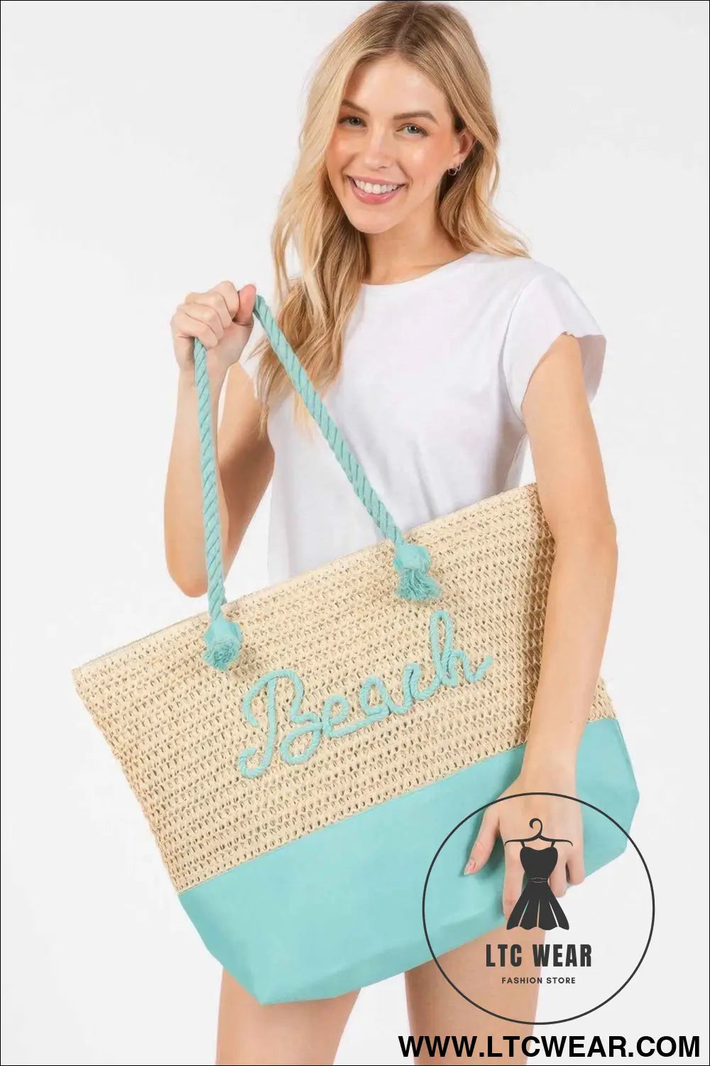 Color Sewn Rope Beach Letter And Strap Crochet Fabric Tote