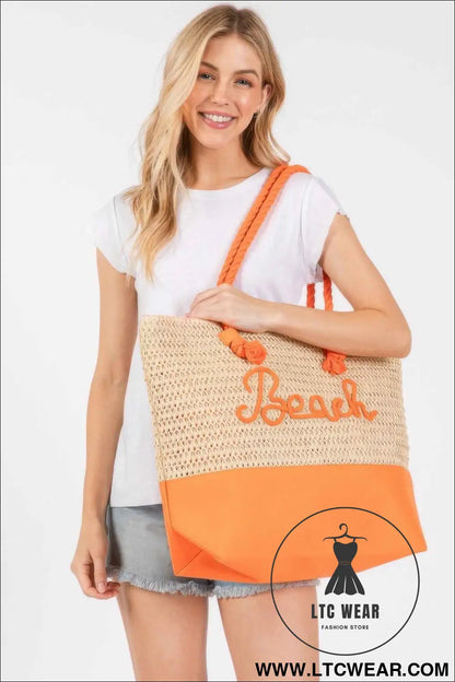 Color Sewn Rope Beach Letter And Strap Crochet Fabric Tote