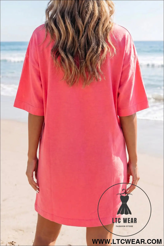 Coral Paradise Drop Shoulder Loose Casual T Shirt Mini Dress
