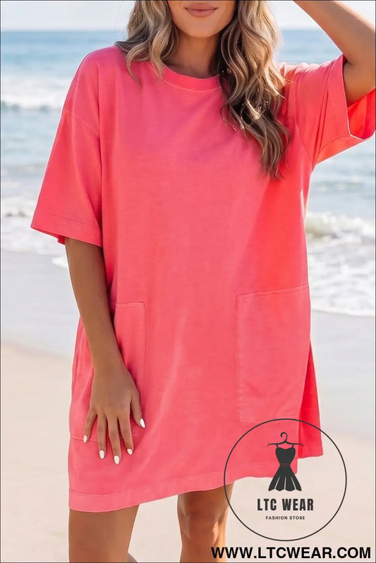 Coral Paradise Drop Shoulder Loose Casual T Shirt Mini Dress