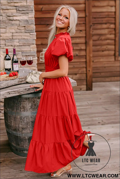 Coral solid color v neck short puff sleeve high waist tiered maxi dress - maxi dresses