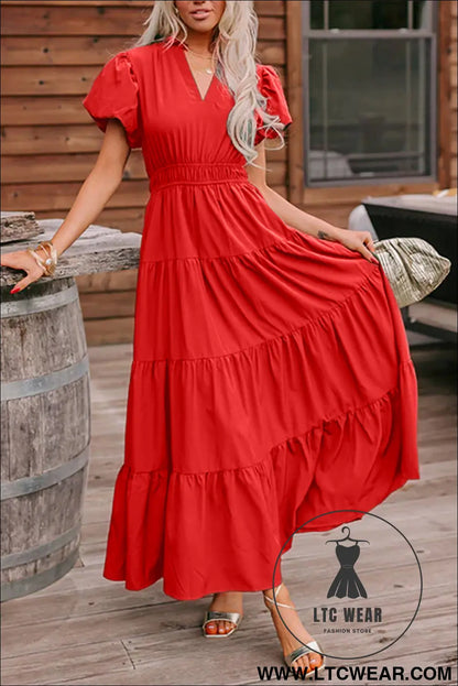 Coral solid color v neck short puff sleeve high waist tiered maxi dress - coral / l / 100% polyester - maxi dresses