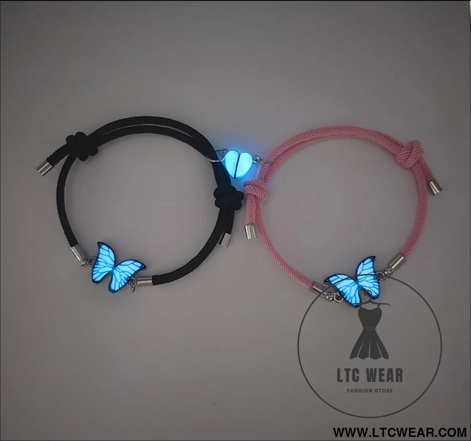 Couples bracelets night light butterfly alloy heart magnetic night glow handmade - black + pink rope (glow-in-the-dark)