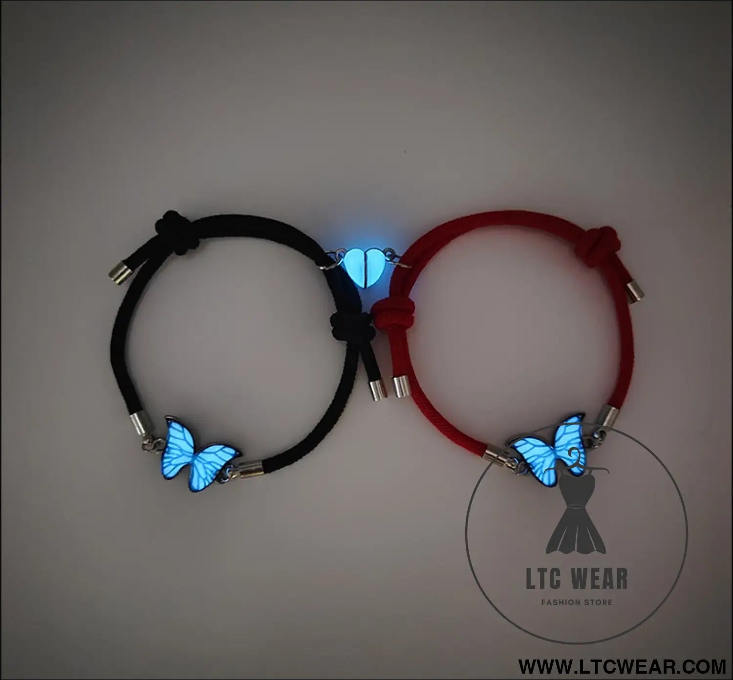 Couples bracelets night light butterfly alloy heart magnetic night glow handmade - black + red rope (glow-in-the-dark)