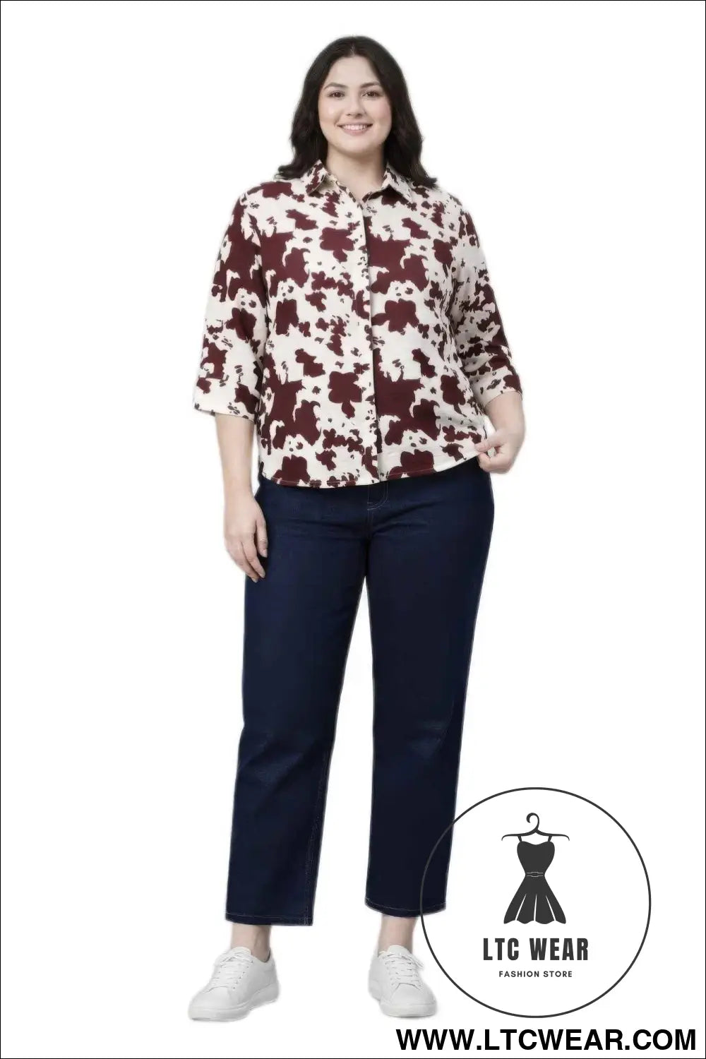 Cow Print 3/4 Sleeve Button-up Shirt