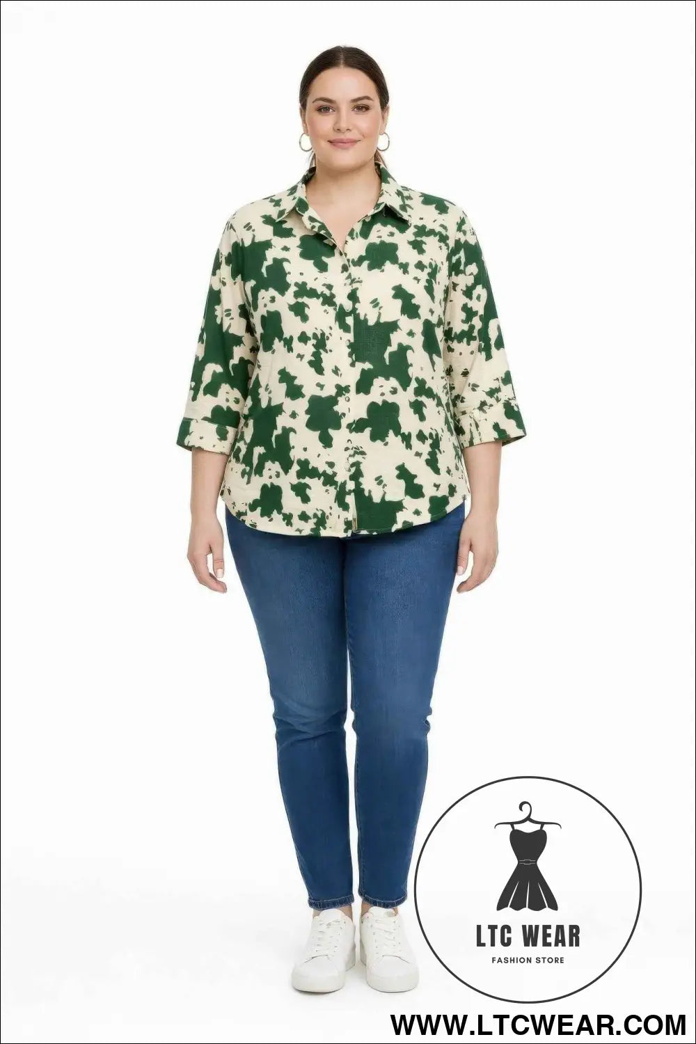 Cow Print 3/4 Sleeve Button-up Shirt