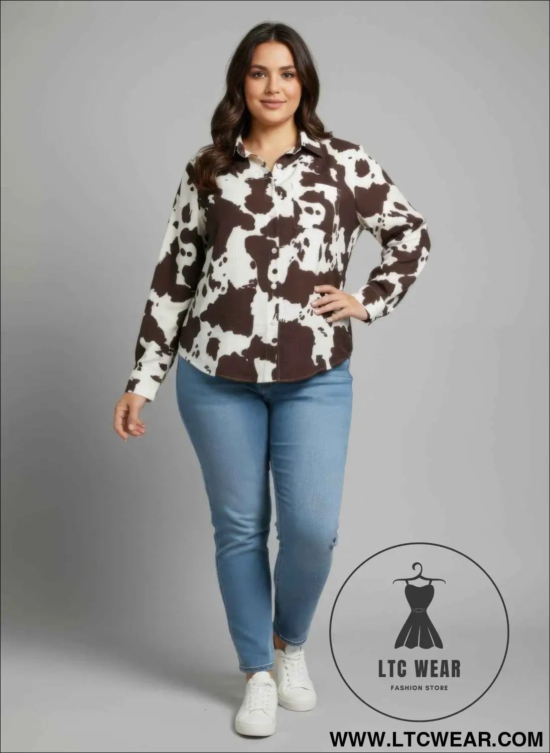 Cow Print Long Sleeve Button-up Shirt