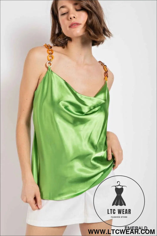 Cowl neck satin camisole with chain strap