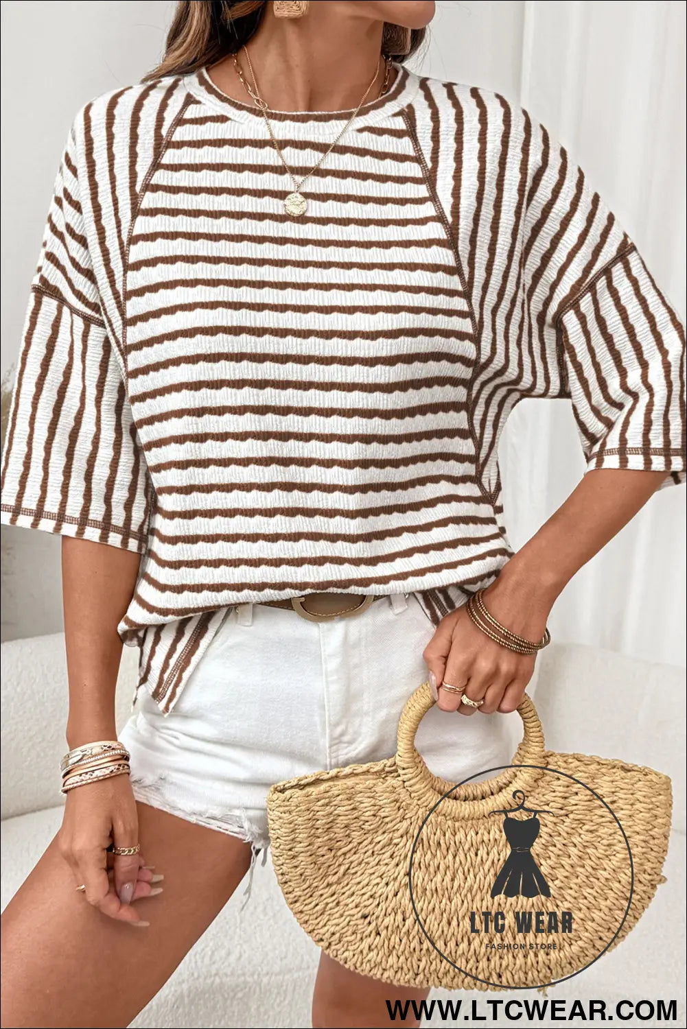 Cozy half sleeve textured knit top with stripes - brown stripe / s / 85% polyester + 10% viscose + 5% elastane - tops &