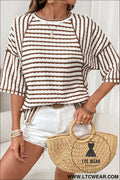 Cozy half sleeve textured knit top with stripes - brown stripe / s / 85% polyester + 10% viscose + 5% elastane - tops &