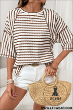 Cozy half sleeve textured knit top with stripes - brown stripe / s / 85% polyester + 10% viscose + 5% elastane - tops &