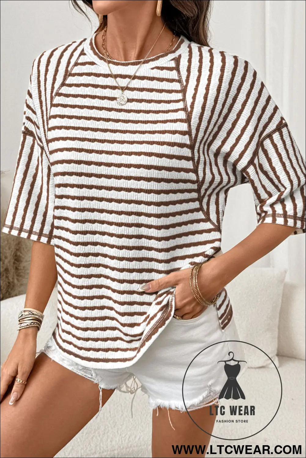Cozy half sleeve textured knit top with stripes - tops & tees