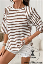 Cozy half sleeve textured knit top with stripes - tops & tees