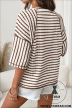 Cozy half sleeve textured knit top with stripes - tops & tees