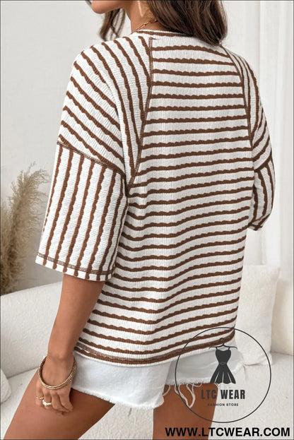 Cozy half sleeve textured knit top with stripes - tops & tees