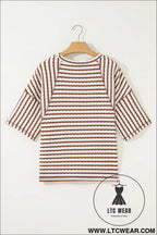 Cozy half sleeve textured knit top with stripes - tops & tees