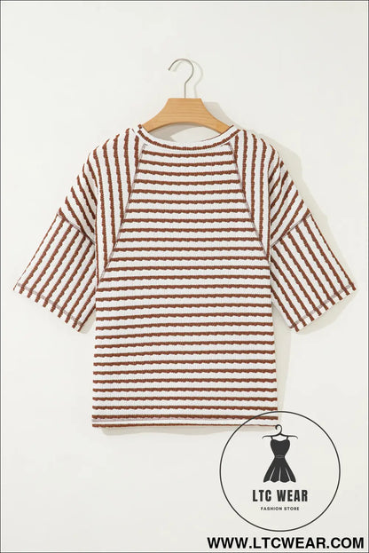 Cozy half sleeve textured knit top with stripes - tops & tees