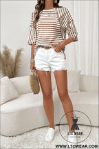 Cozy half sleeve textured knit top with stripes - tops & tees