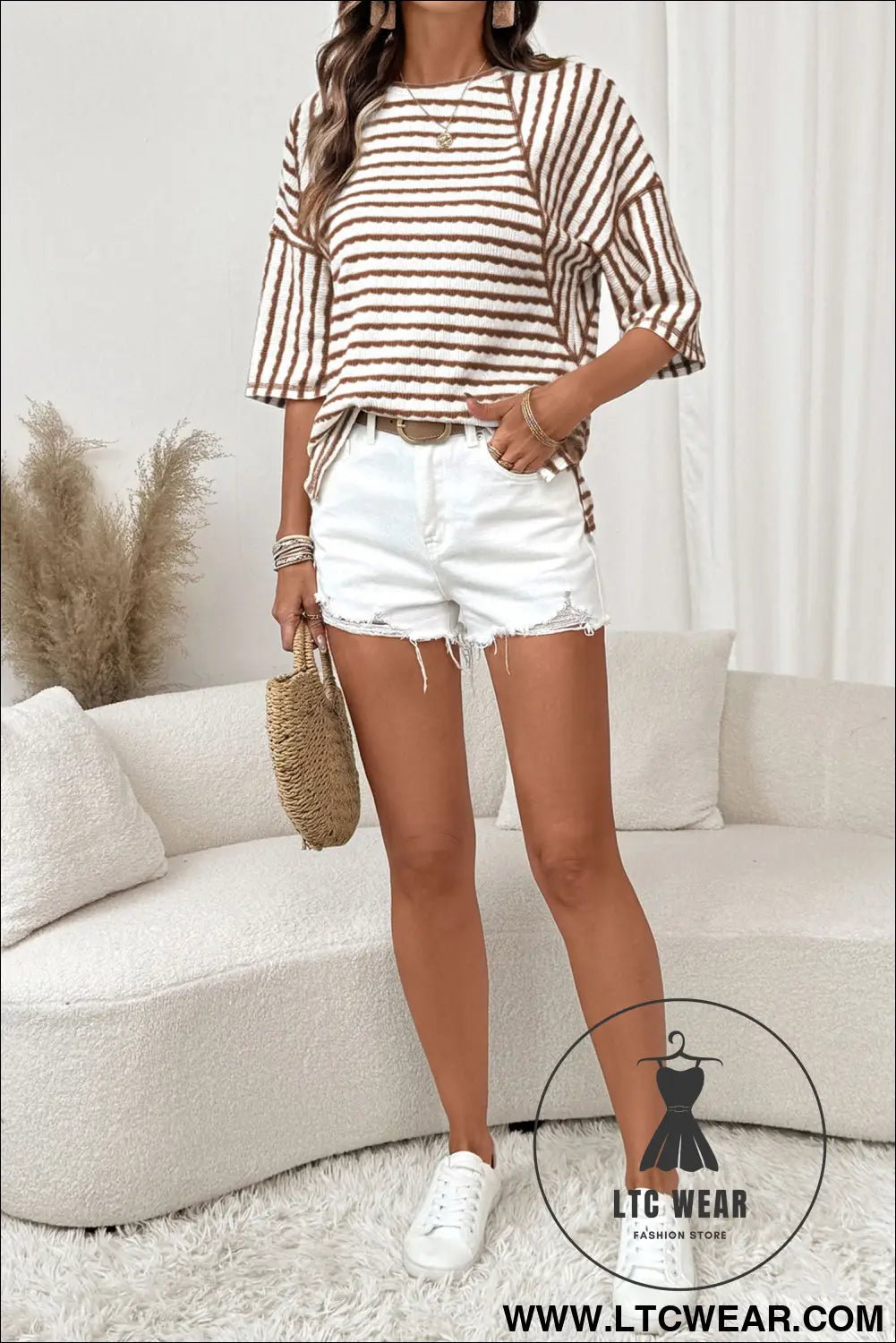 Cozy half sleeve textured knit top with stripes - tops & tees